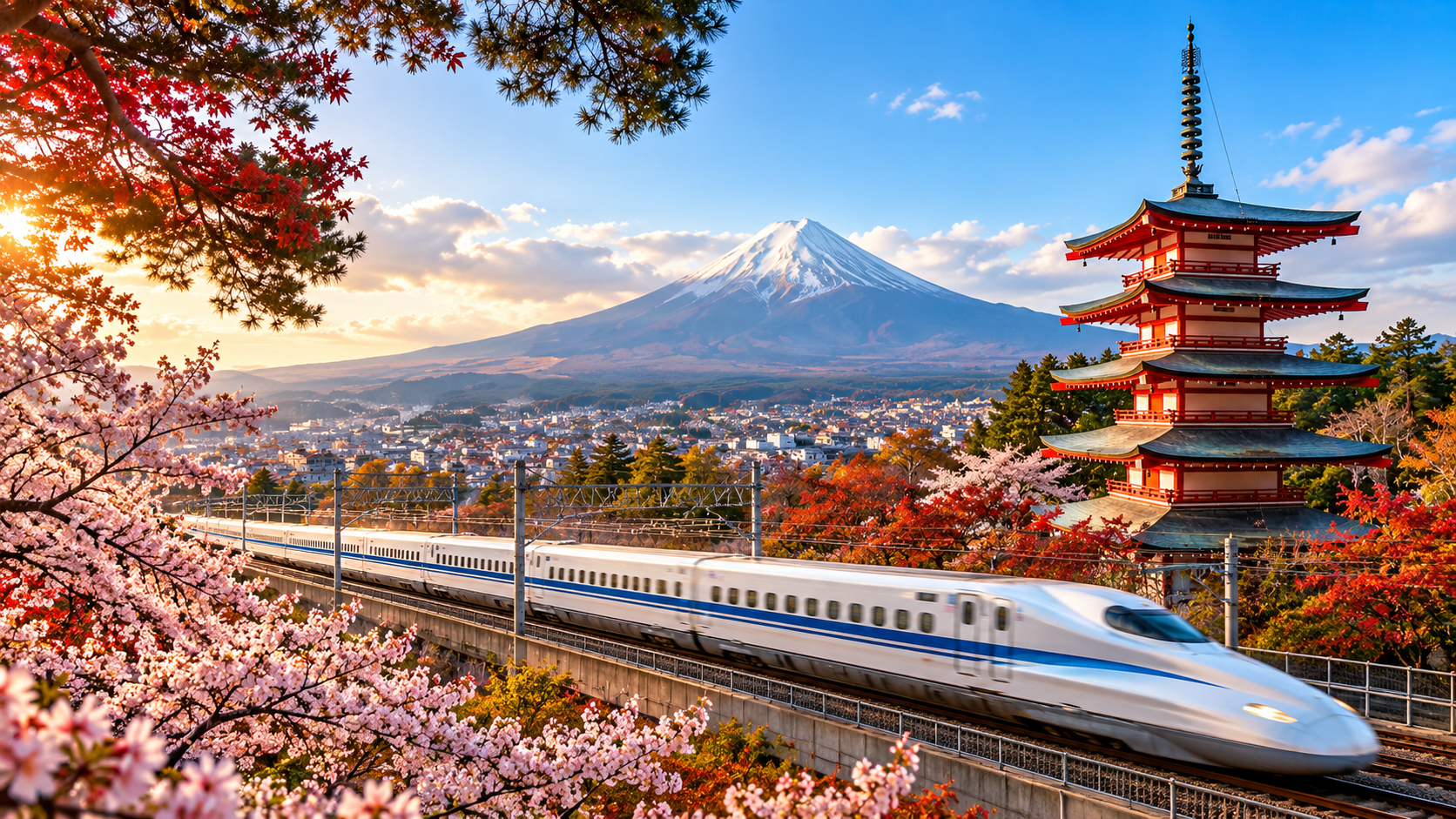 A bullet train passing beneath Mount Fuji and a Japanese pagoda framed by blossoms