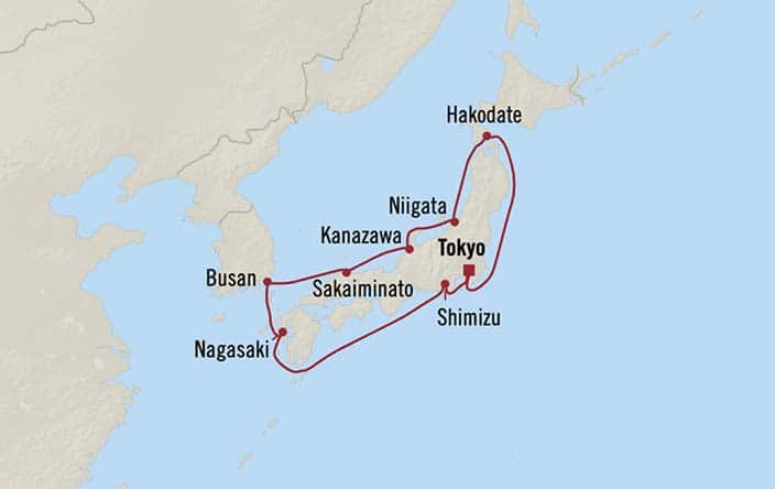 Official Oceania itinerary map for Cherry Blossom Pathways