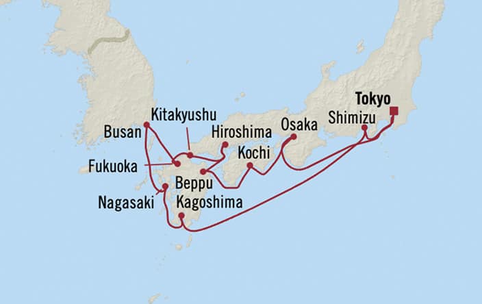 Official Oceania itinerary map for Focus on Japan: later October